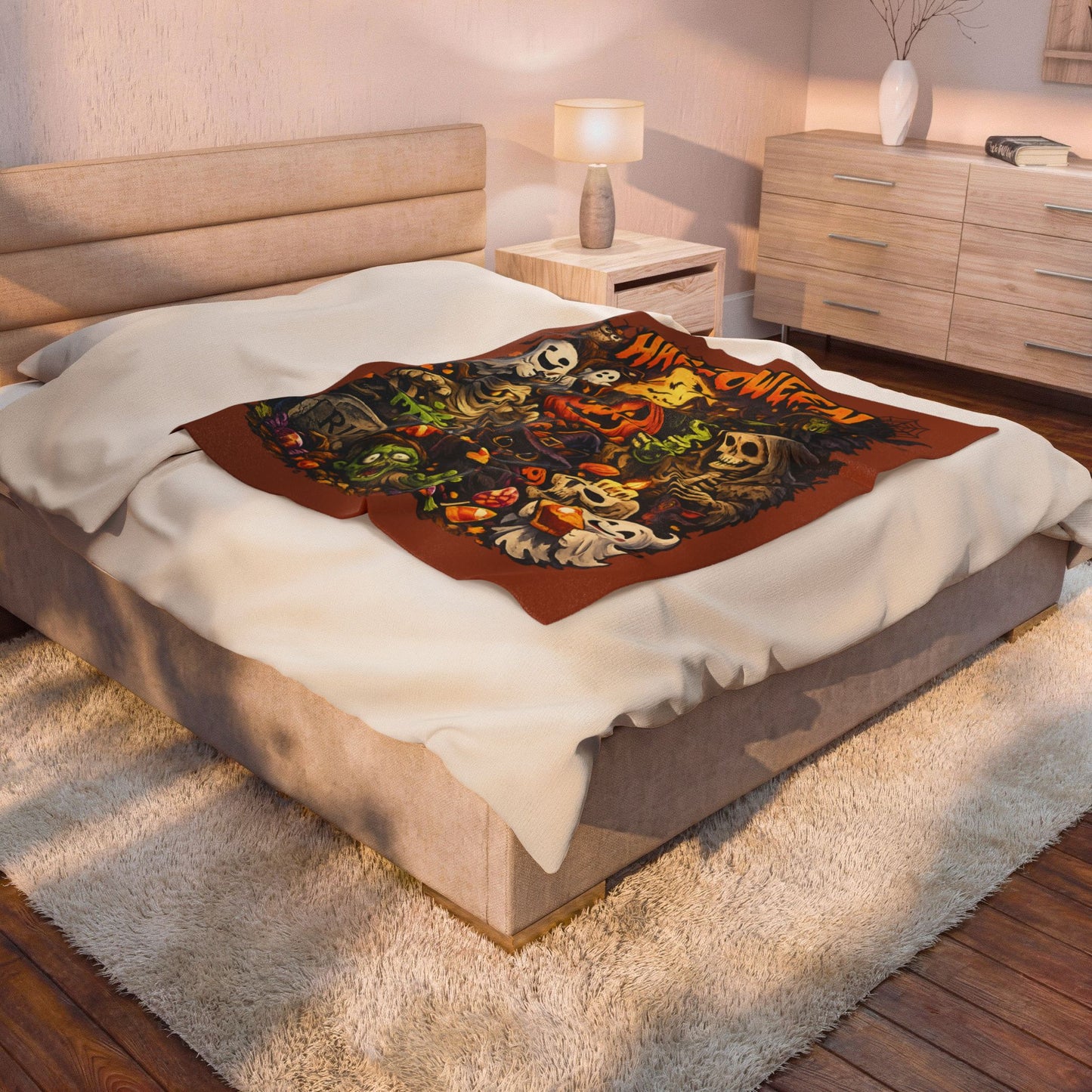 Halloween Velveteen Plush Blanket — Cute Spooky Pumpkin, Ghosts & Skeletons Throw
