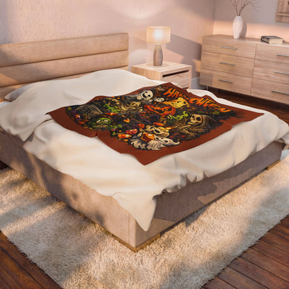 Halloween Velveteen Plush Blanket — Cute Spooky Pumpkin, Ghosts & Skeletons Throw