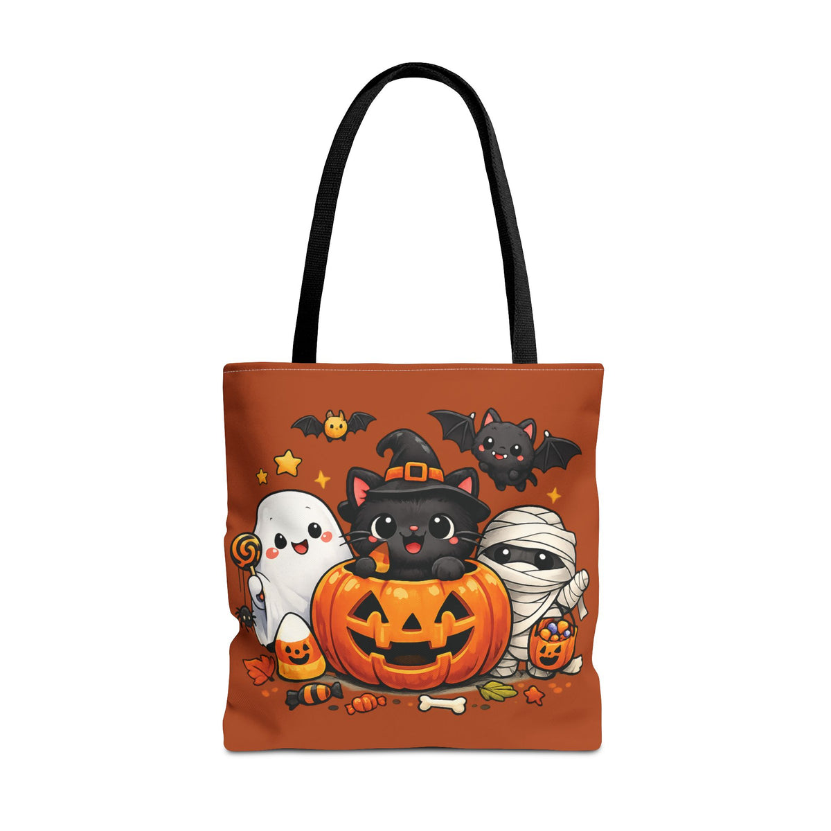 Halloween Cute Cat Pumpkin Tote Bag — Trick-or-Treat Witch Cat & Mummy Design