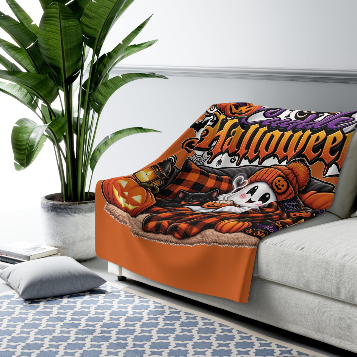 A Cozy & Cuddle Halloween Sherpa Blanket — Cute Ghosts, Pumpkins & Autumn Vibe