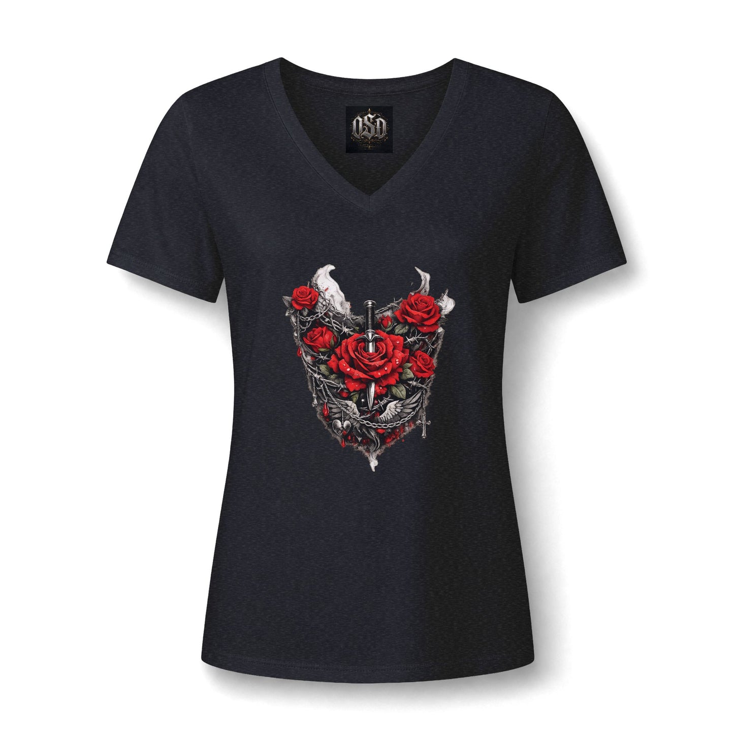 Women’s V-Neck Tee — Gothic Rose Dagger Heart Graphic