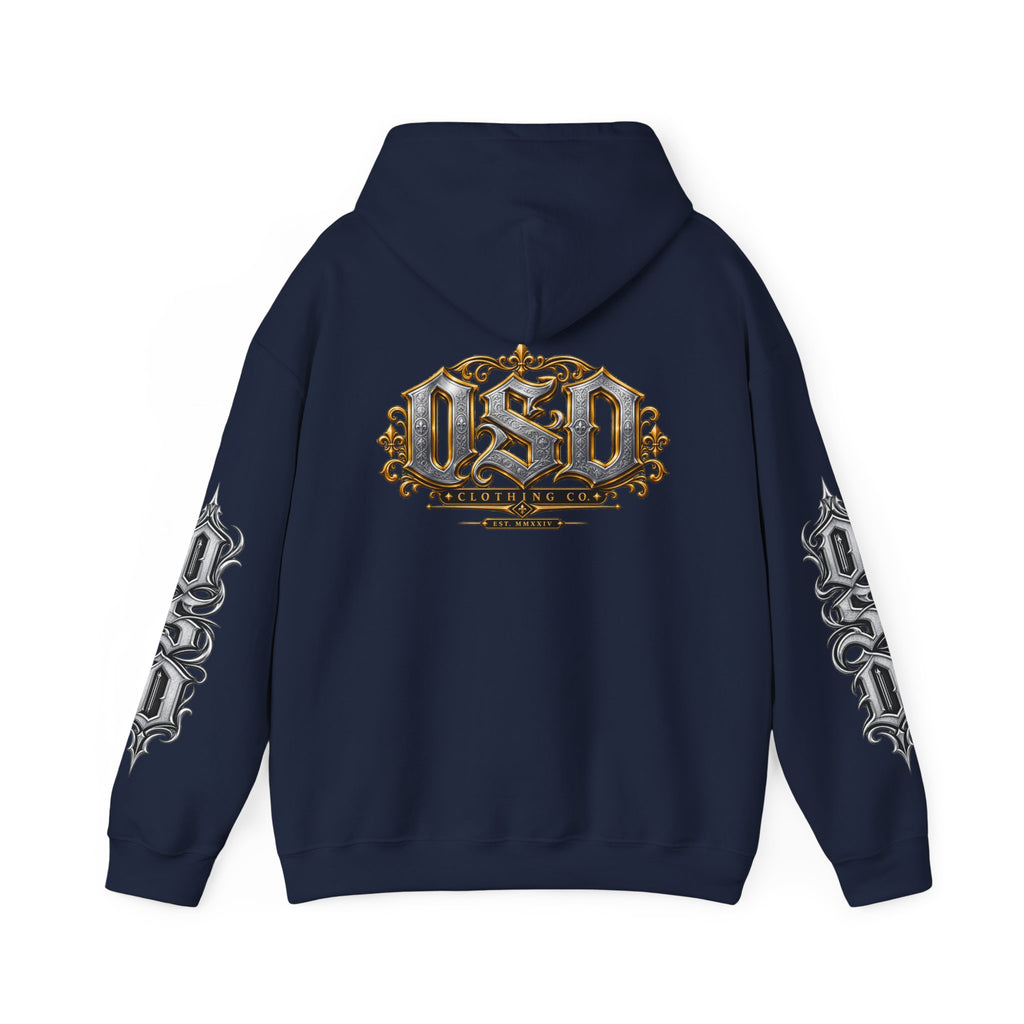 Hoodie — Ornate Gothic "OSD" Logo Sleeve & Back Streetwear Hoodie