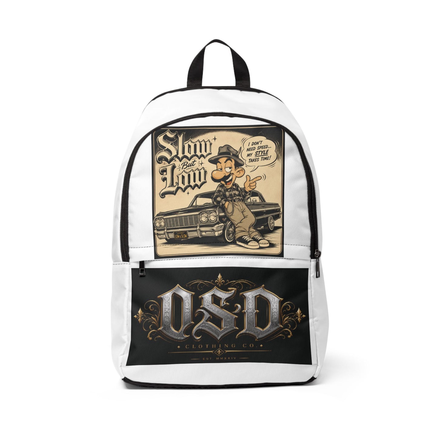 Lowrider 'Slow and Low' Fabric Backpack — Retro Car Art Streetwear Bag