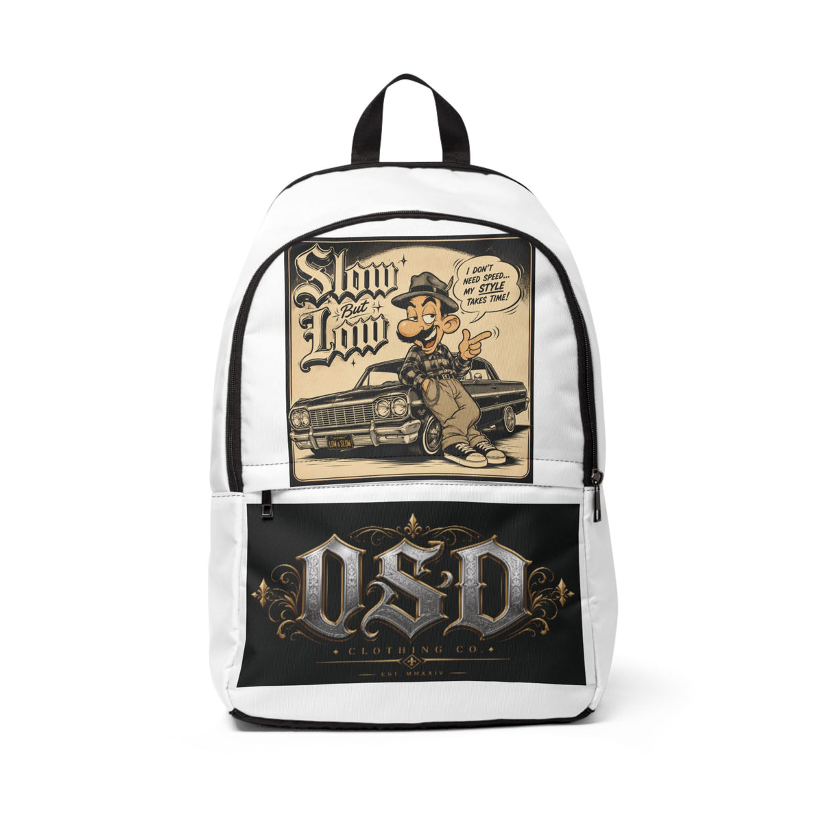 Lowrider 'Slow and Low' Fabric Backpack — Retro Car Art Streetwear Bag