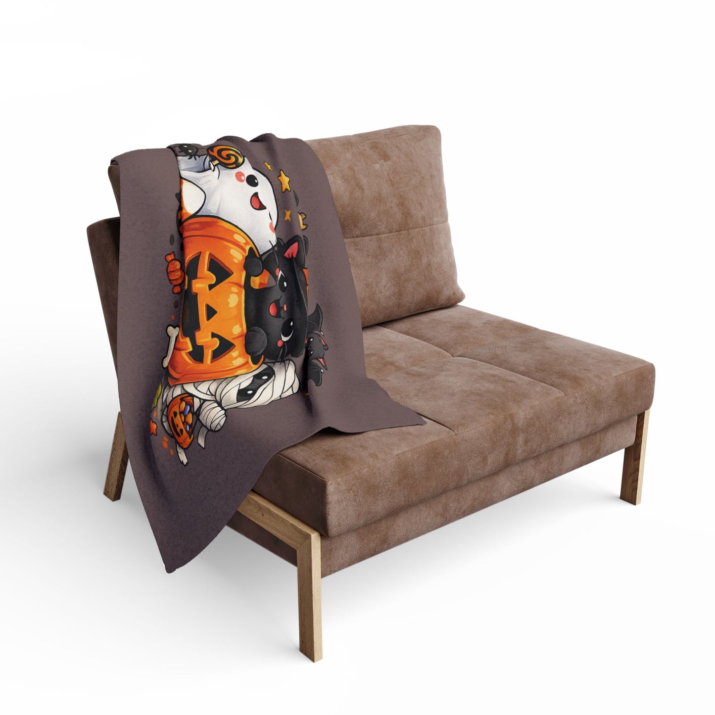 Halloween Kawaii Fleece Blanket — Cute Ghost, Black Cat & Mummy Pumpkin Design