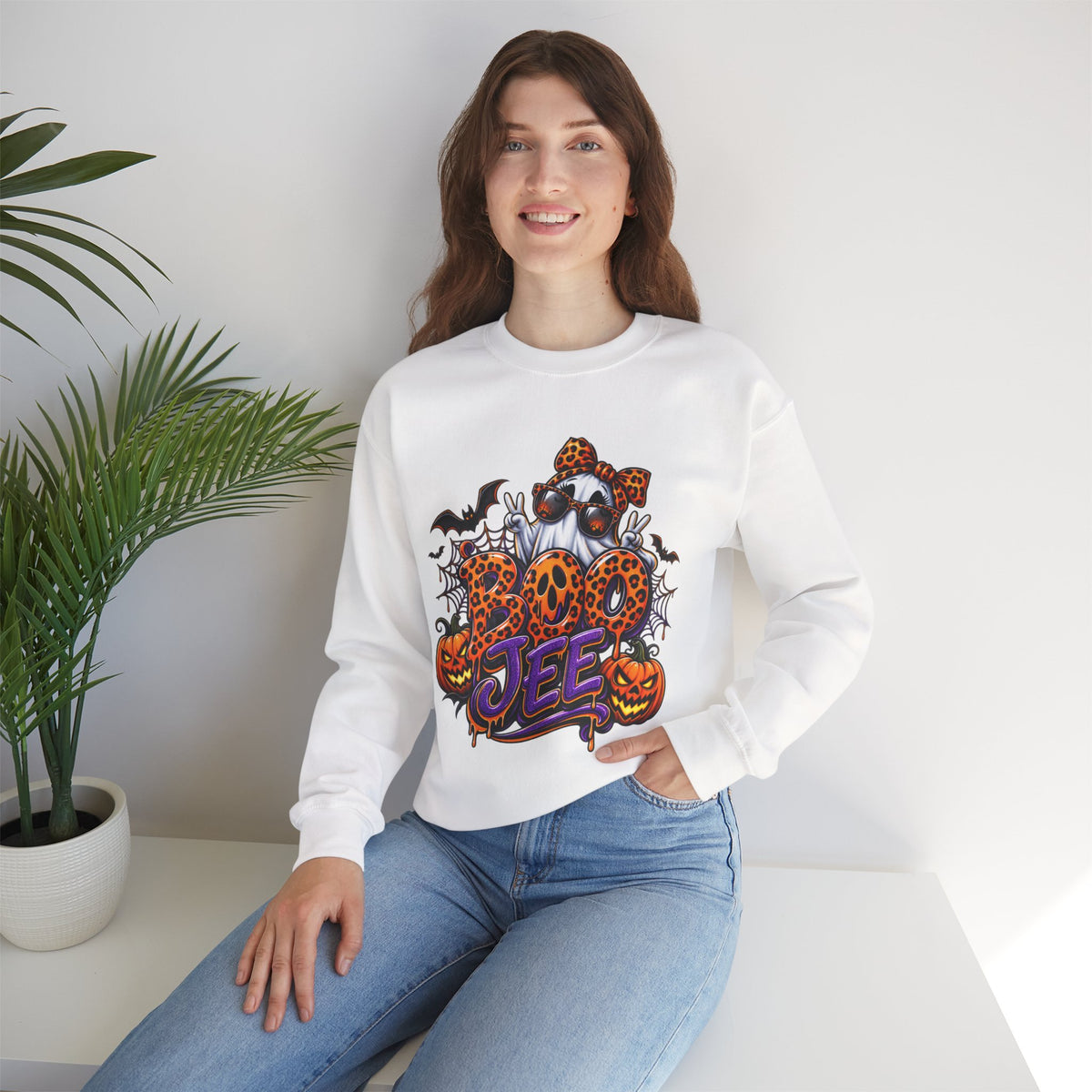 Halloween Ghost Crewneck Sweatshirt — 'Boo Jee' Leopard Pumpkin Graphic