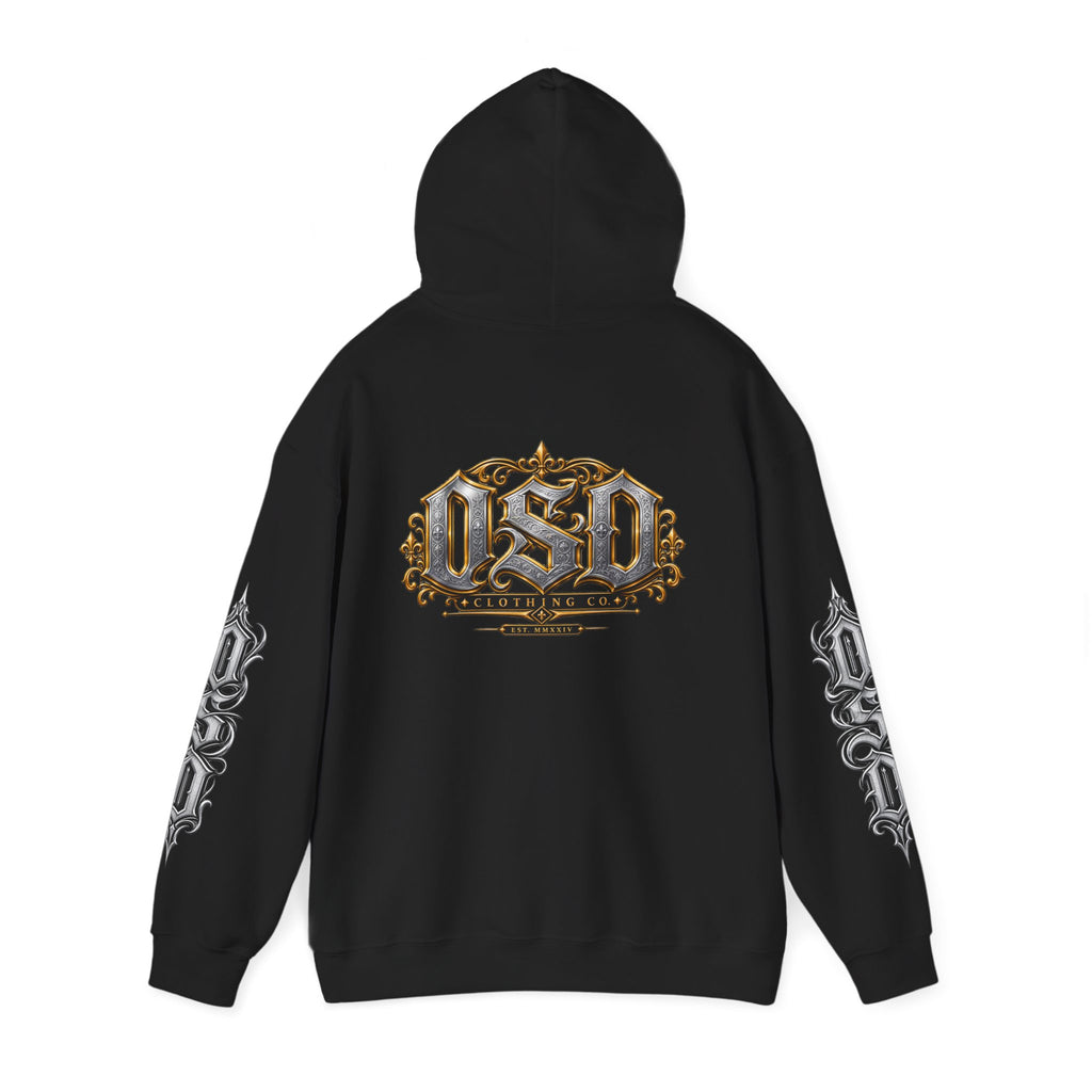 Hoodie — Ornate Gothic "OSD" Logo Sleeve & Back Streetwear Hoodie