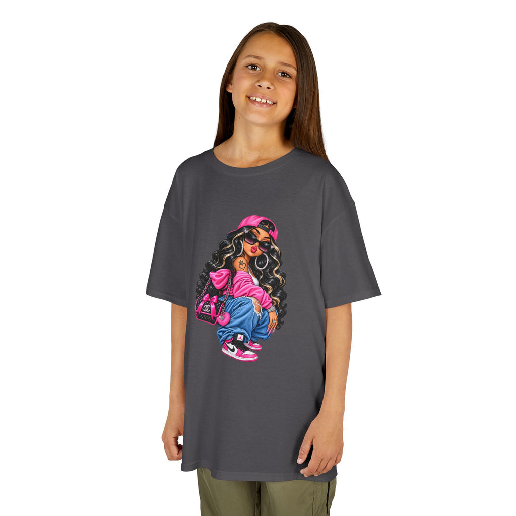 Kids Tee — Cool Girl Graphic Shirt (pink hat, backpack)