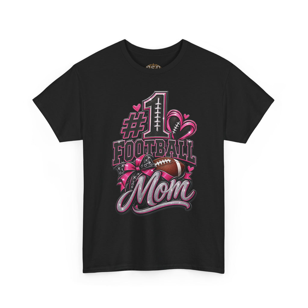 #1 Football Mom T-Shirt — Pink Heart Football Mom Tee for Game Day