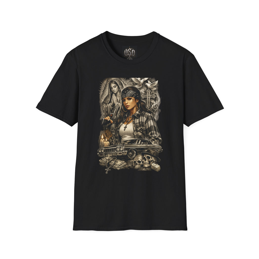 Chicana Lowrider Art T-Shirt – Virgen & Cholo Girl Vintage Streetwear