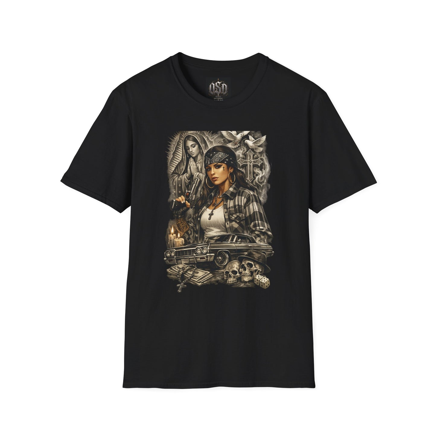 Chicana Lowrider Art T-Shirt – Virgen & Cholo Girl Vintage Streetwear