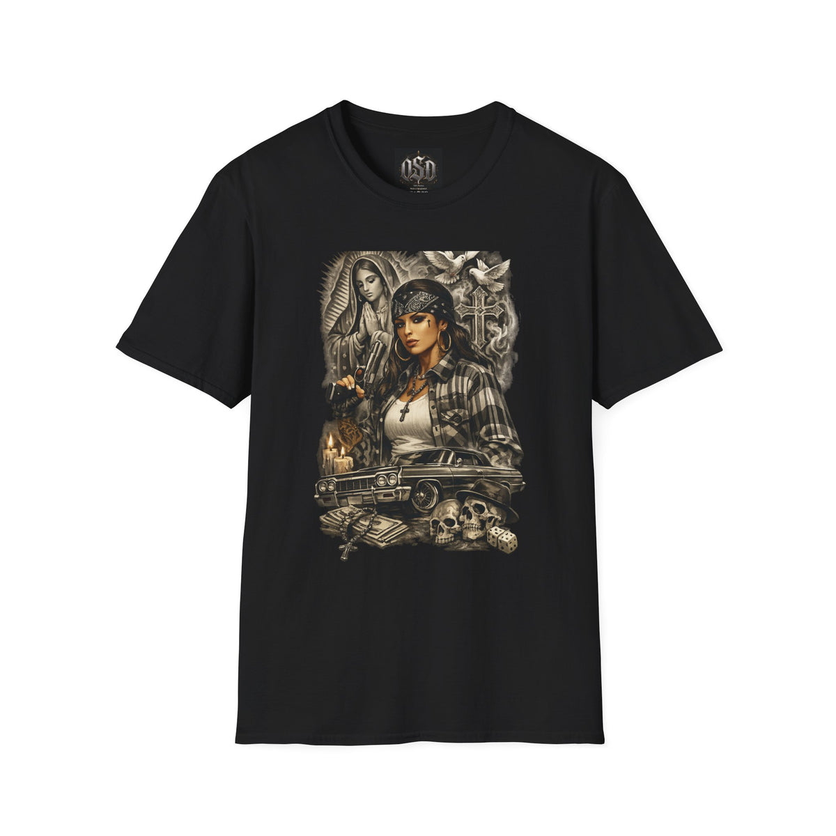 Chicana Lowrider Art T-Shirt – Virgen & Cholo Girl Vintage Streetwear