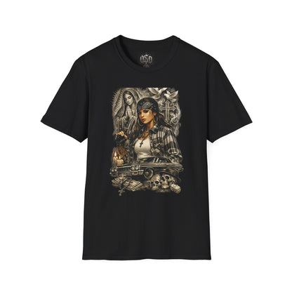 Chicana Lowrider Art T-Shirt – Virgen & Cholo Girl Vintage Streetwear