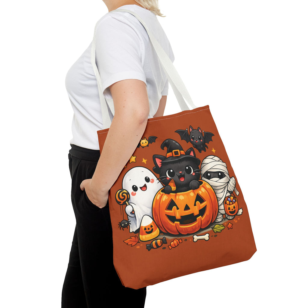 Halloween Cute Cat Pumpkin Tote Bag — Trick-or-Treat Witch Cat & Mummy Design