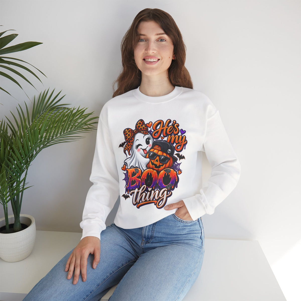 Sweatshirt — "He's My Boo Thing" Halloween Ghost & Jack-O'-Lantern Crewneck