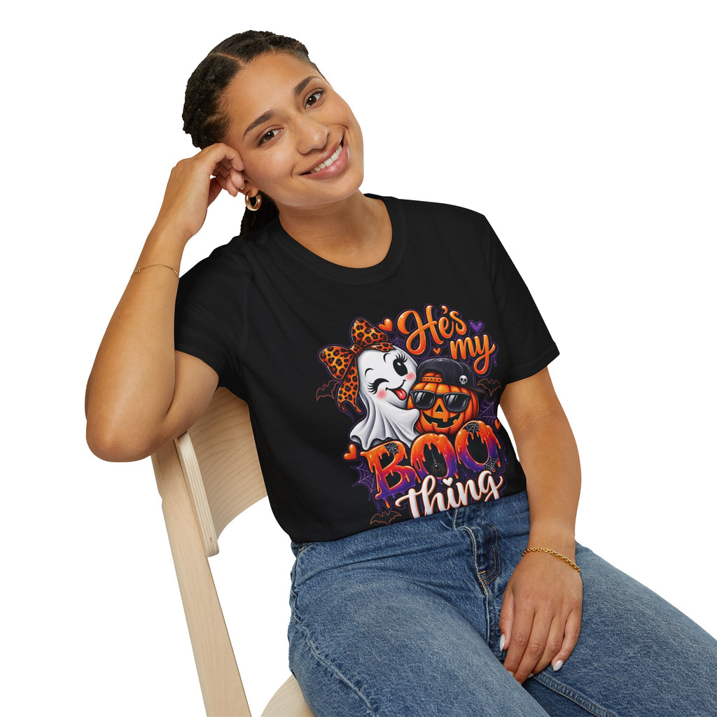 Halloween "He's My Boo Thing" T-Shirt — Cute Ghost & Pumpkin Couple Tee
