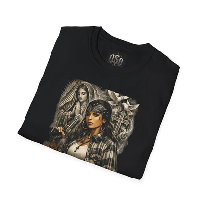 Chicana Lowrider Art T-Shirt – Virgen & Cholo Girl Vintage Streetwear