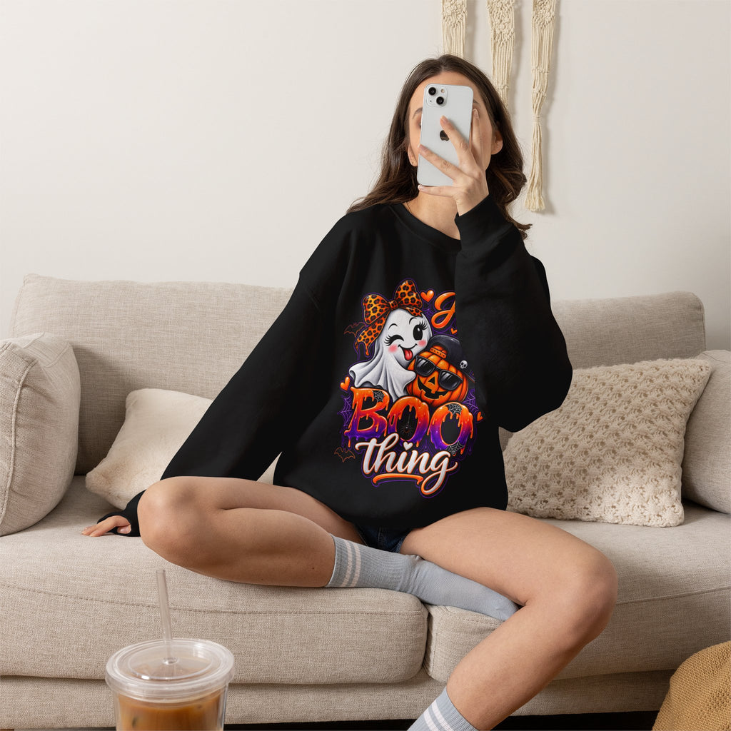 Sweatshirt — "He's My Boo Thing" Halloween Ghost & Jack-O'-Lantern Crewneck