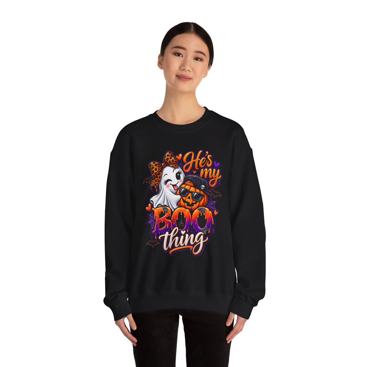 Sweatshirt — "He's My Boo Thing" Halloween Ghost & Jack-O'-Lantern Crewneck