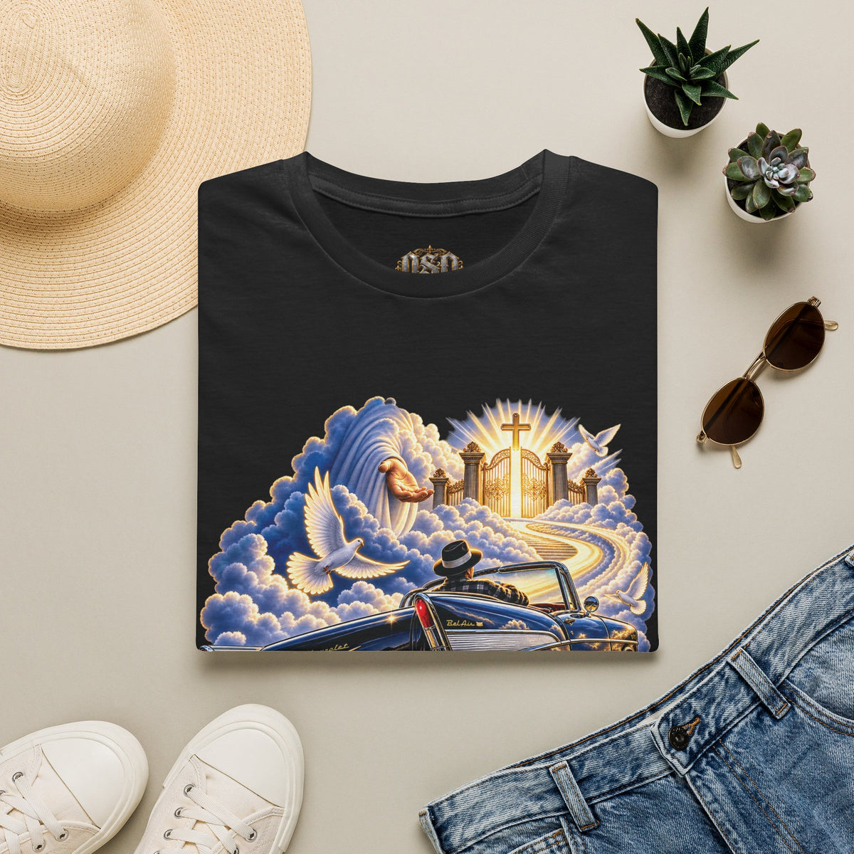 Christian Heaven Car Tribute T-Shirt — Guardian Angel, Cross & Dove T Shirt