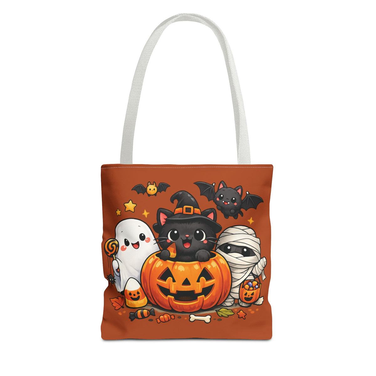 Halloween Cute Cat Pumpkin Tote Bag — Trick-or-Treat Witch Cat & Mummy Design