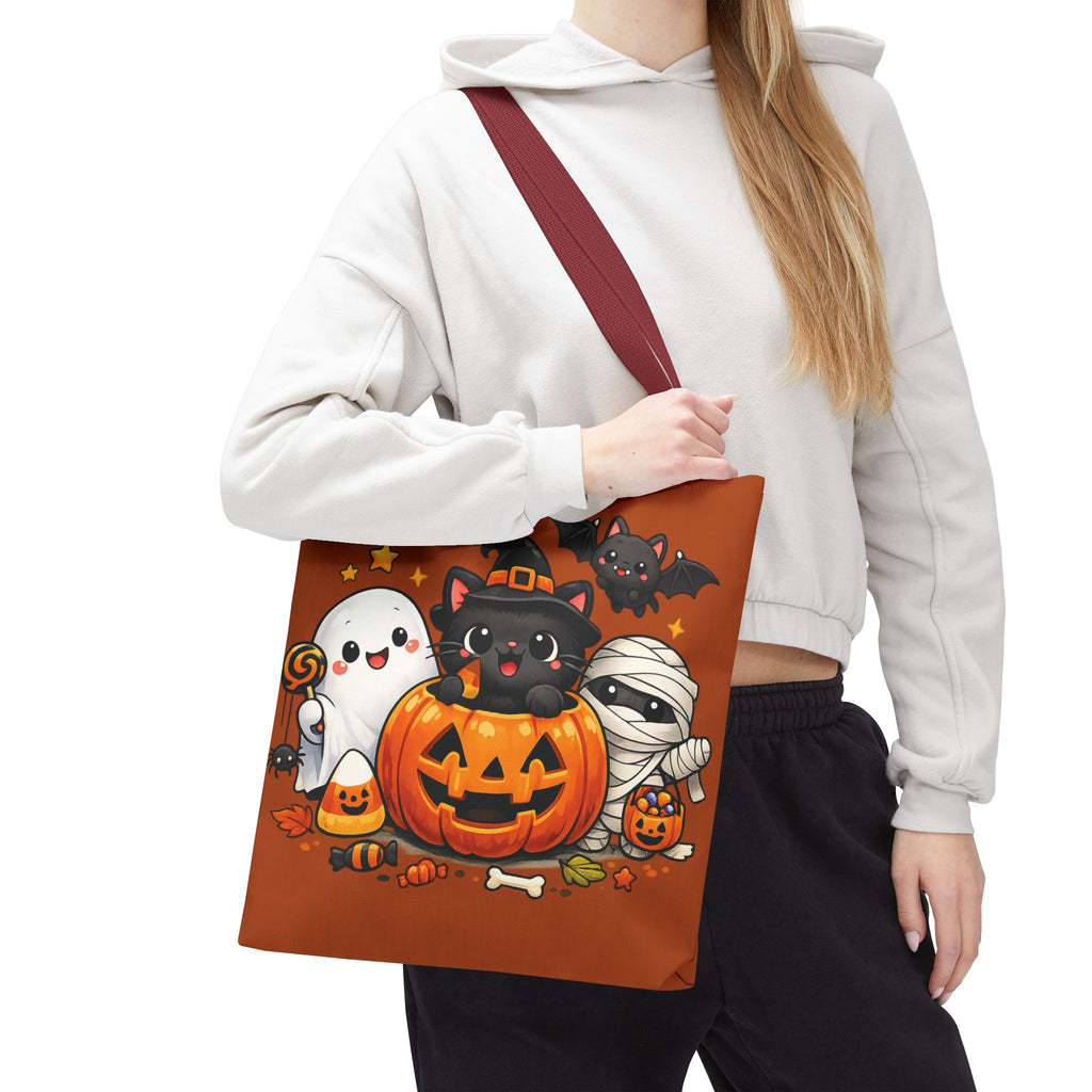Halloween Cute Cat Pumpkin Tote Bag — Trick-or-Treat Witch Cat & Mummy Design