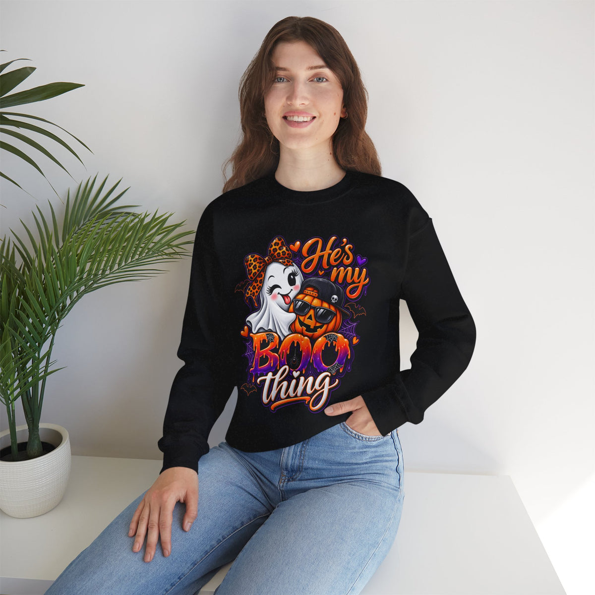 Sweatshirt — "He's My Boo Thing" Halloween Ghost & Jack-O'-Lantern Crewneck