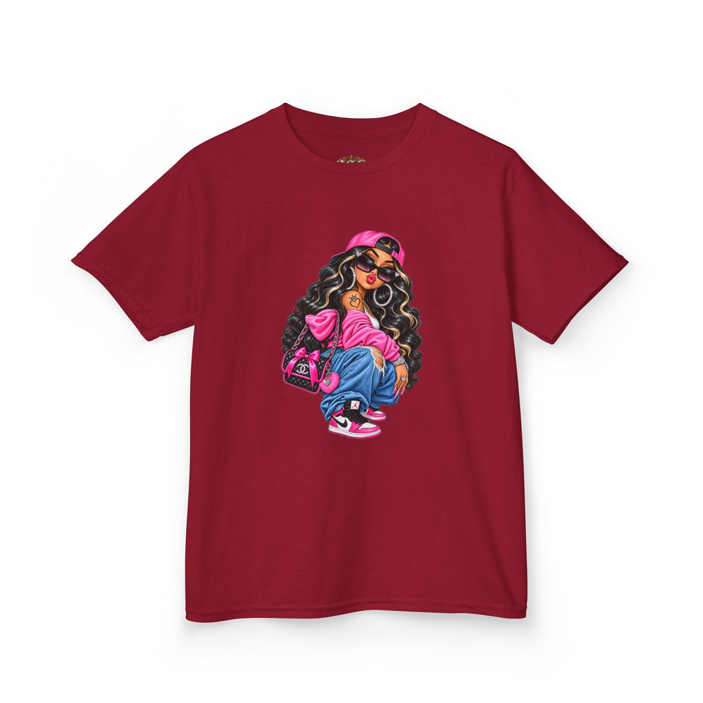 Kids Tee — Cool Girl Graphic Shirt (pink hat, backpack)