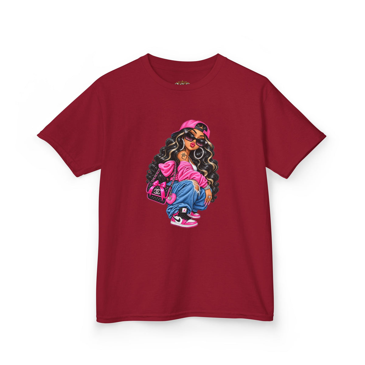 Kids Tee — Cool Girl Graphic Shirt (pink hat, backpack)