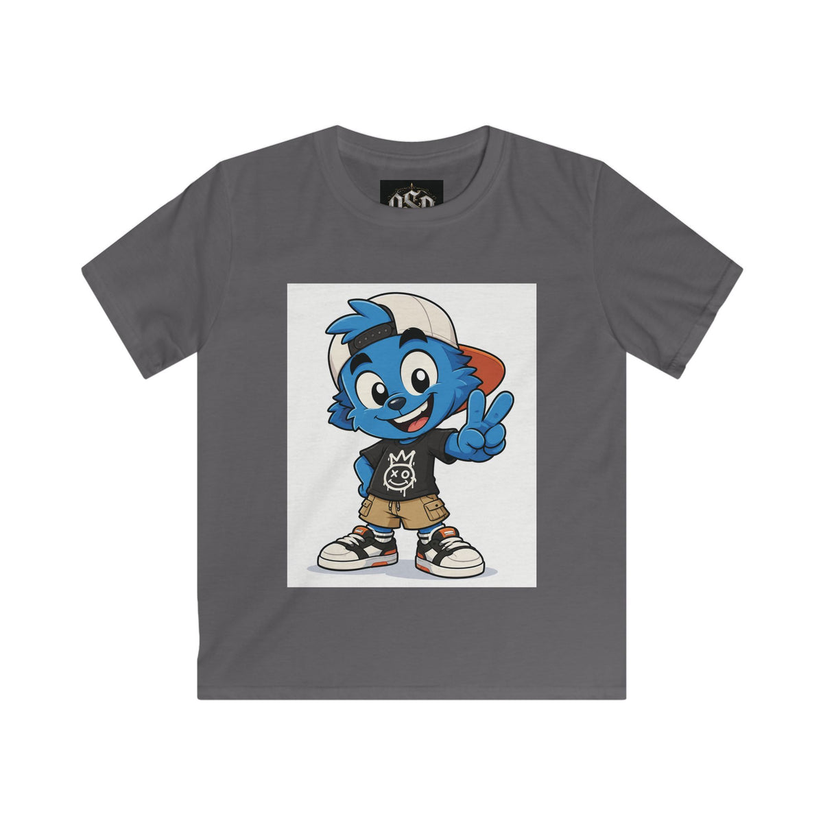 Kids Tee — Blue Cartoon Character Peace Sign Graphic Shirt