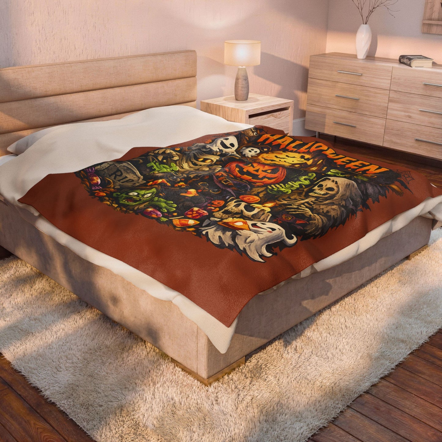 Halloween Velveteen Plush Blanket — Cute Spooky Pumpkin, Ghosts & Skeletons Throw