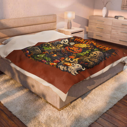 Halloween Velveteen Plush Blanket — Cute Spooky Pumpkin, Ghosts & Skeletons Throw