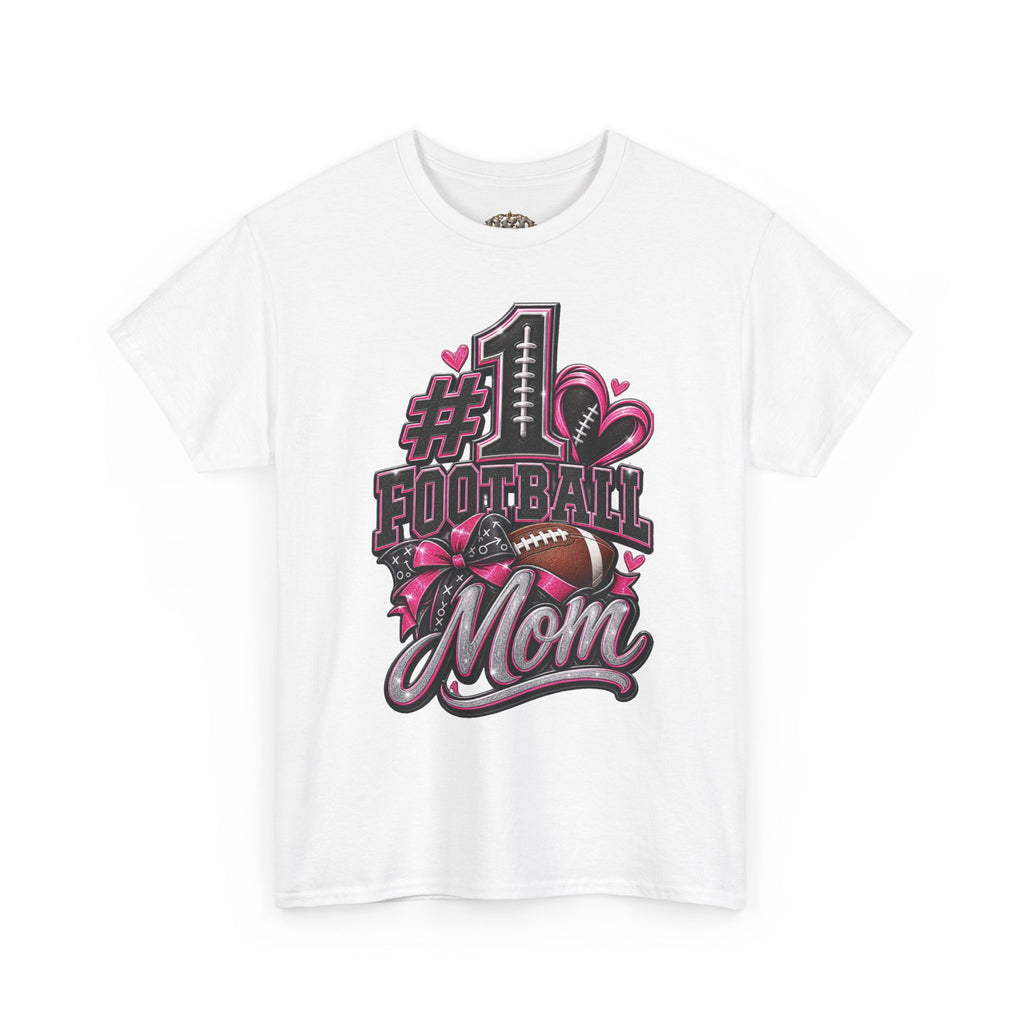 #1 Football Mom T-Shirt — Pink Heart Football Mom Tee for Game Day