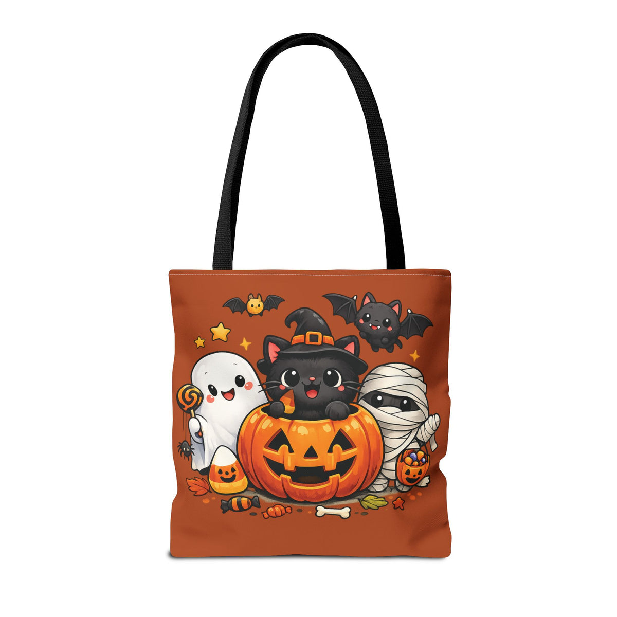 Halloween Cute Cat Pumpkin Tote Bag — Trick-or-Treat Witch Cat & Mummy Design