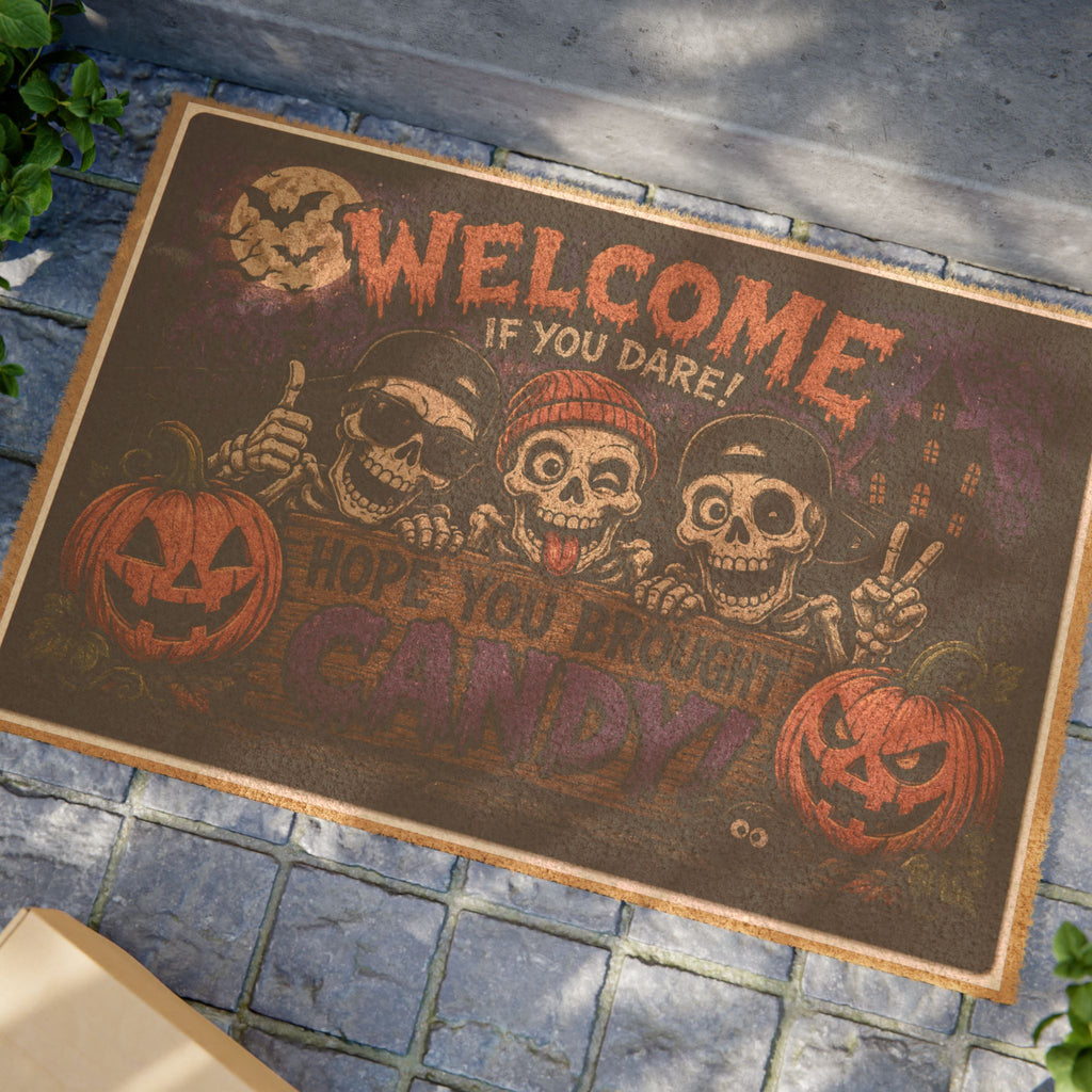 Halloween Skeletons ‘Welcome If You Dare’ Doormat – Spooky Pumpkin Porch Mat