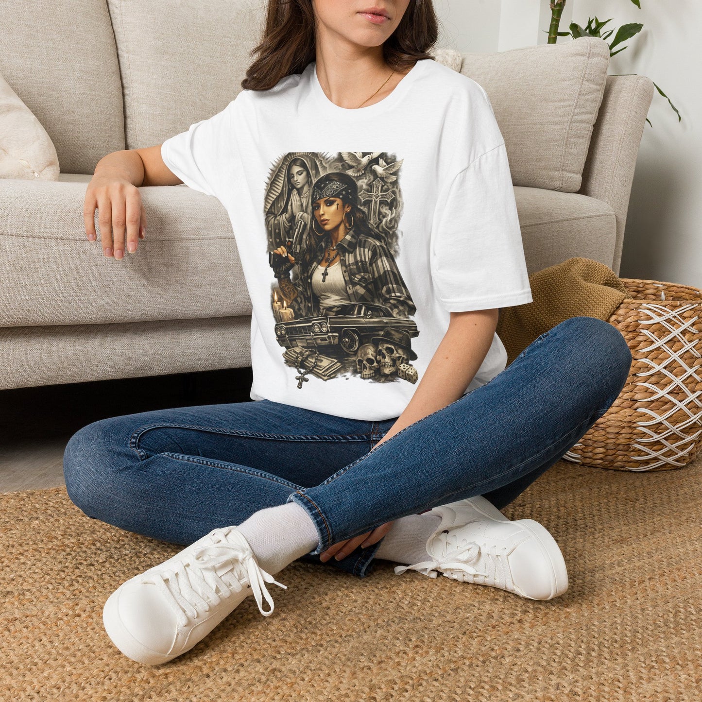 Chicana Lowrider Art T-Shirt – Virgen & Cholo Girl Vintage Streetwear