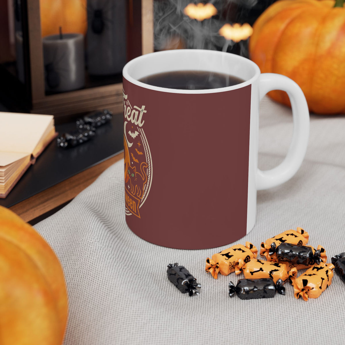 Halloween Trick or Treat Mug — Pumpkin, Ghost & Cat Ceramic Coffee Cup (11oz/15oz)