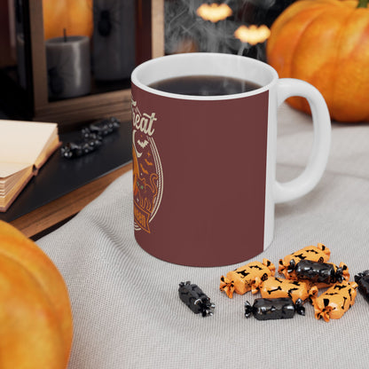 Halloween Trick or Treat Mug — Pumpkin, Ghost & Cat Ceramic Coffee Cup (11oz/15oz)