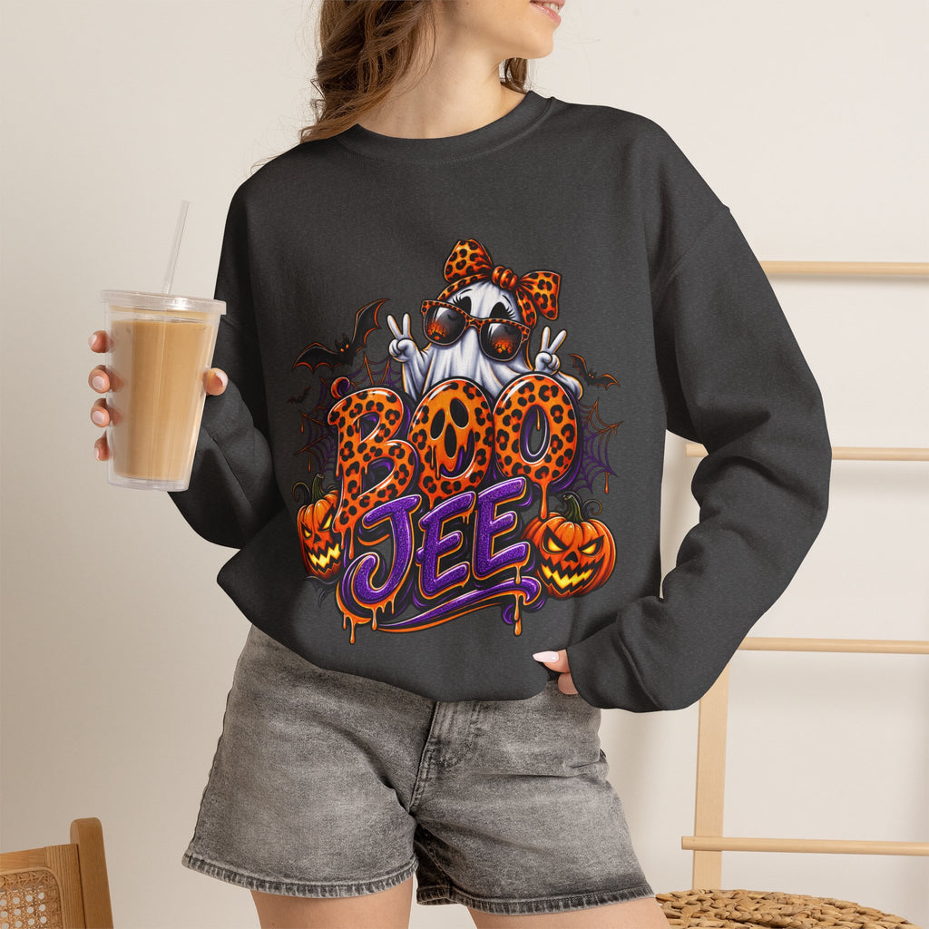 Halloween Ghost Crewneck Sweatshirt — 'Boo Jee' Leopard Pumpkin Graphic