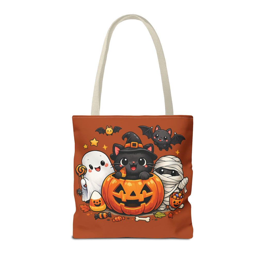 Halloween Cute Cat Pumpkin Tote Bag — Trick-or-Treat Witch Cat & Mummy Design