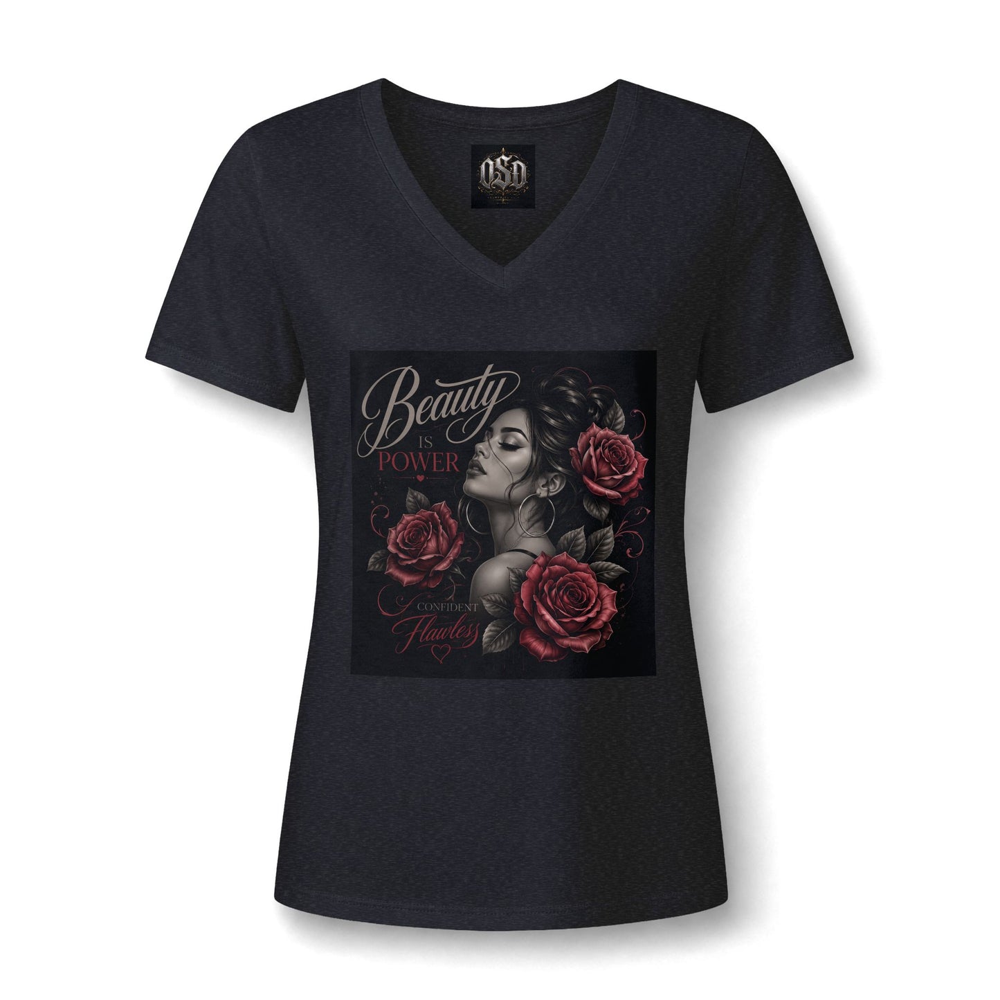 Women's V‑Neck Tee — "Beauty & Power" Gothic Rose Graphic