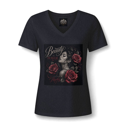 Women's V‑Neck Tee — "Beauty & Power" Gothic Rose Graphic