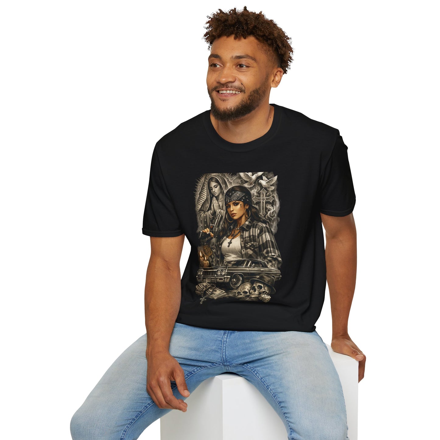 Chicana Lowrider Art T-Shirt – Virgen & Cholo Girl Vintage Streetwear
