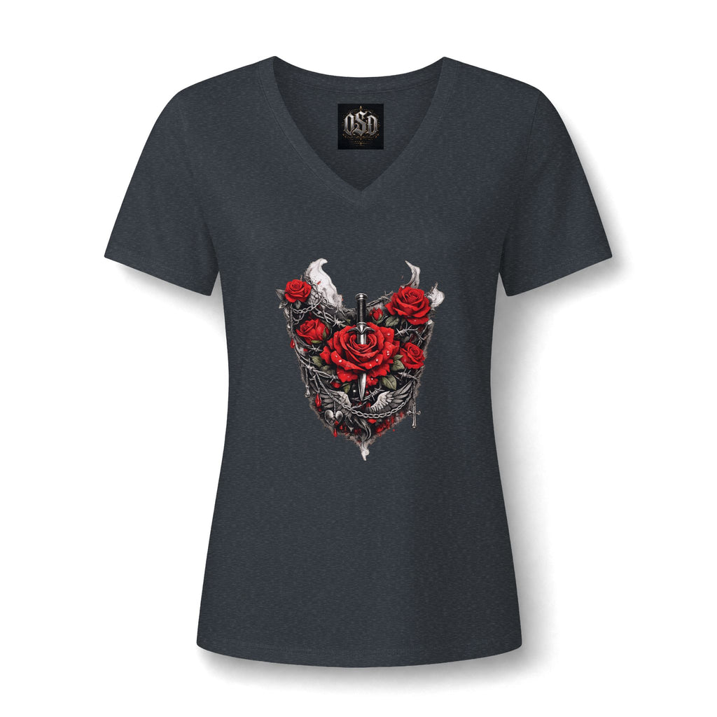 Women’s V-Neck Tee — Gothic Rose Dagger Heart Graphic
