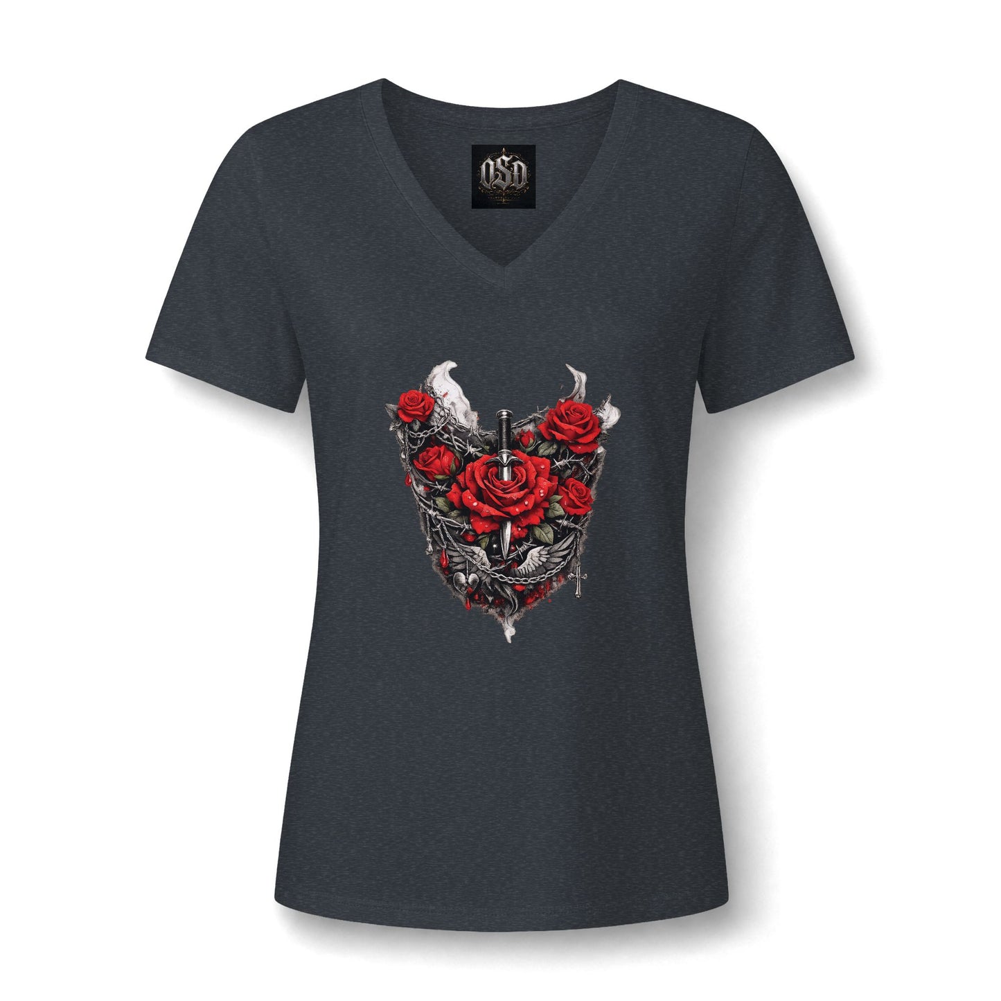Women’s V-Neck Tee — Gothic Rose Dagger Heart Graphic