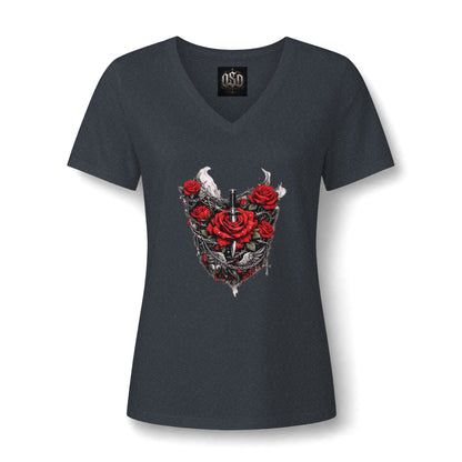 Women’s V-Neck Tee — Gothic Rose Dagger Heart Graphic