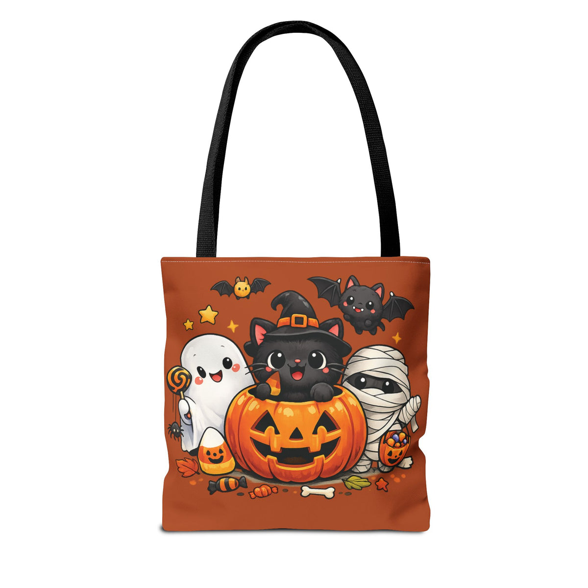 Halloween Cute Cat Pumpkin Tote Bag — Trick-or-Treat Witch Cat & Mummy Design
