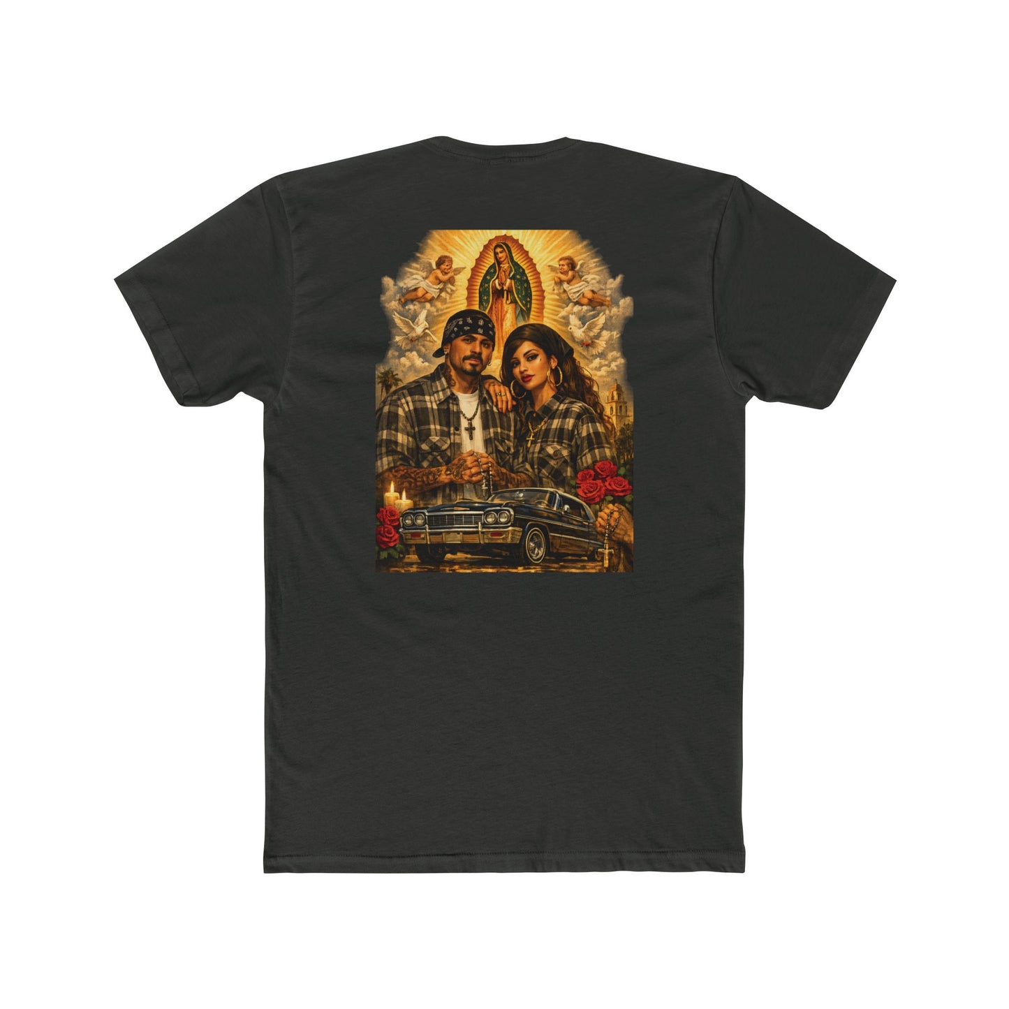 Lowrider Couple Graphic Tee with Virgen de Guadalupe Vintage Prayer Design