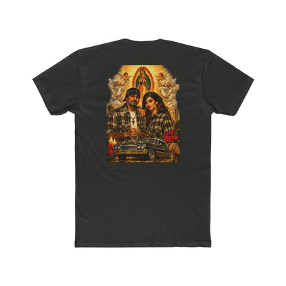 Lowrider Couple Graphic Tee with Virgen de Guadalupe Vintage Prayer Design