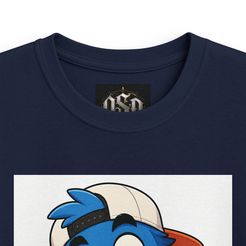 Kids Tee — Blue Cartoon Character Peace Sign Graphic Shirt